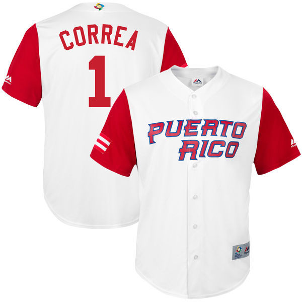 customized Men Puerto Rico Baseball #1 Carlos Correa White 2017 World Baseball Classic Replica Jersey->->MLB Jersey